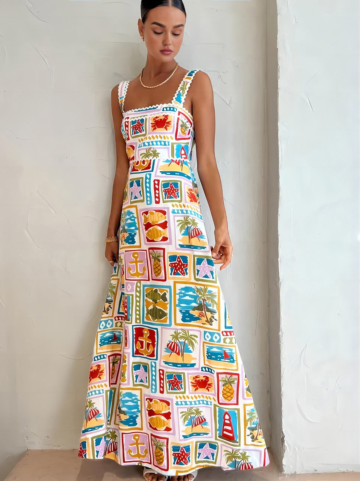 Graffiti Print Sleeveless Long Dress-Chicvia