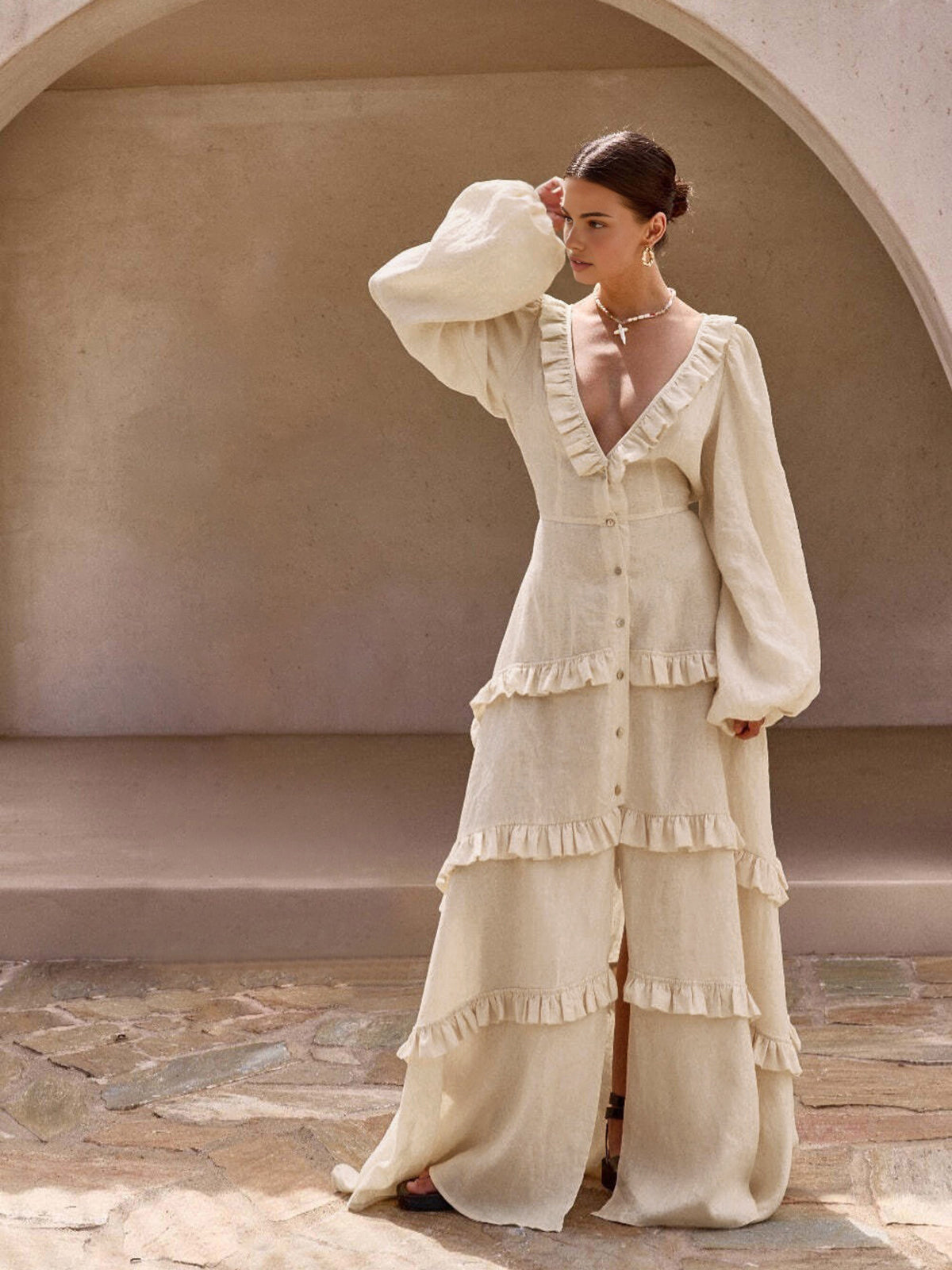 Cotton & Linen Semi-Sheer Ruffle Trim Long Dress-Chicvia