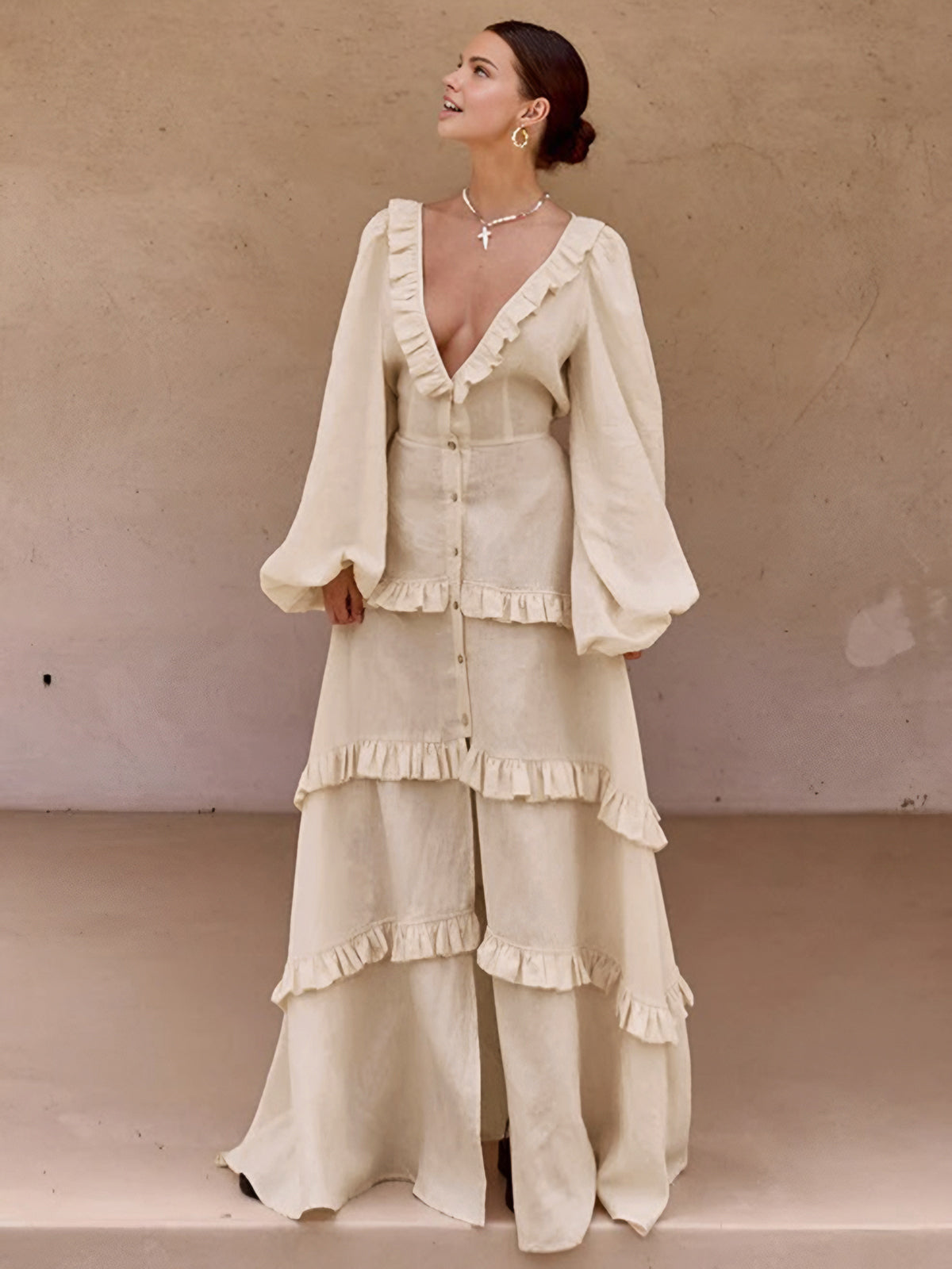 Cotton & Linen Semi-Sheer Ruffle Trim Long Dress-Chicvia