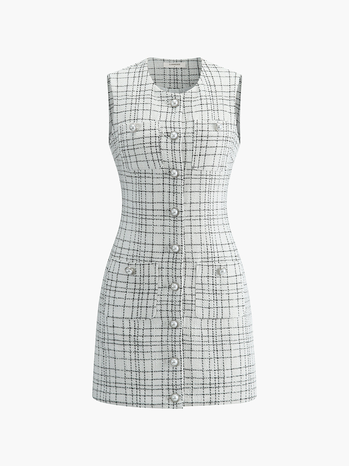 Plaid Print Pearl Button Sleeveless Short Dress-Chicvia
