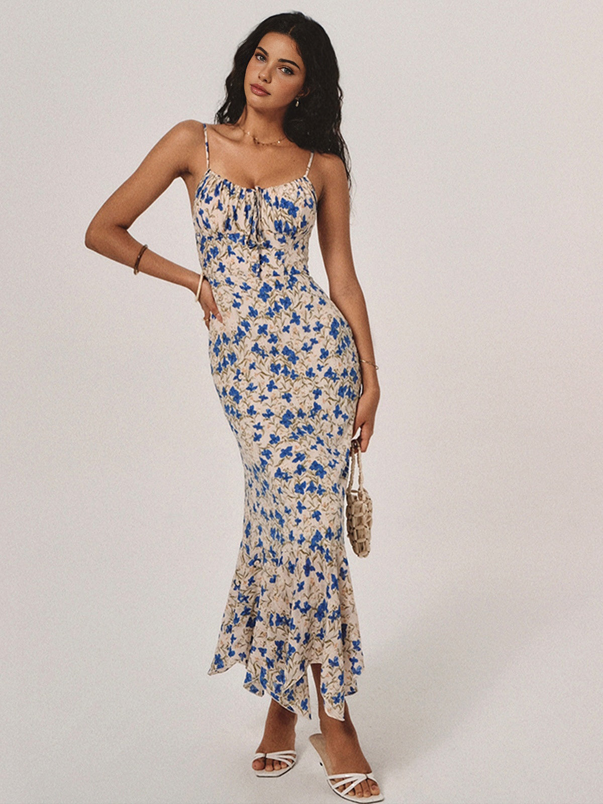 Floral Print Knotted Irregular Hem Long Dress-Chicvia