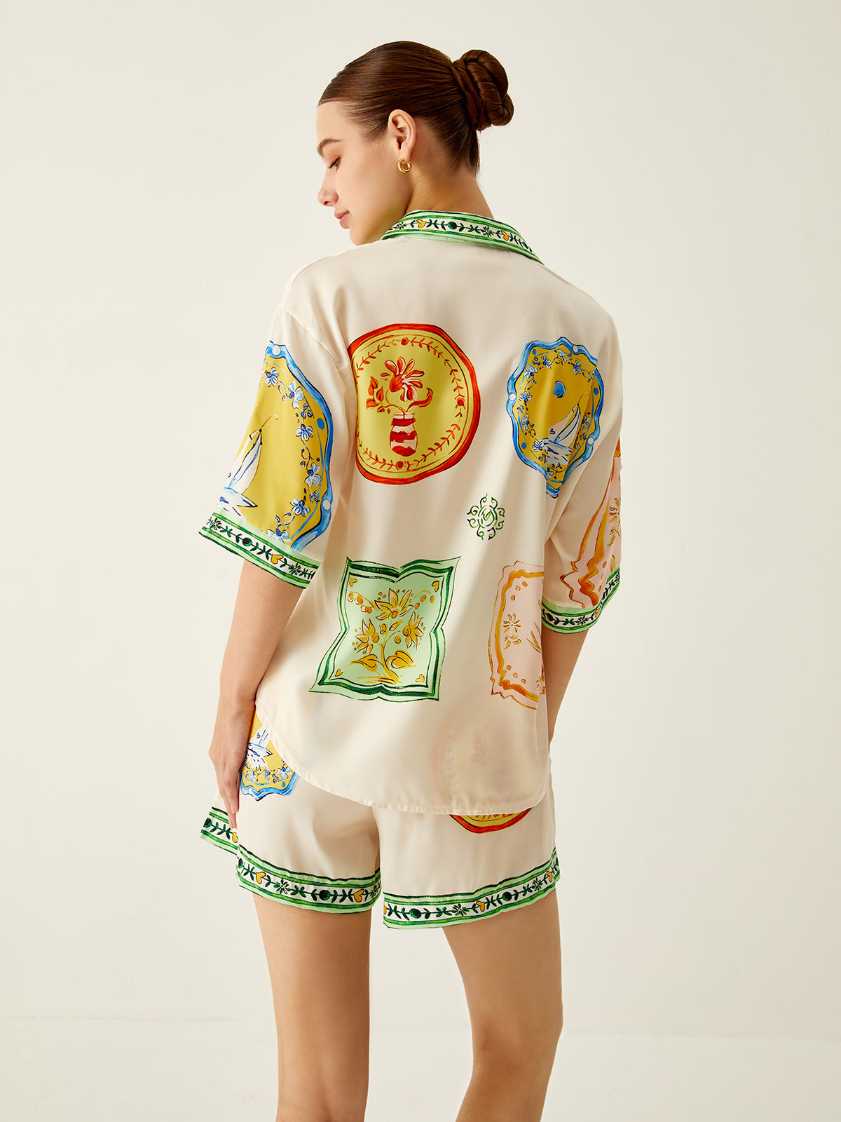 Loosen Printed Satin Shorts Set-Chicvia