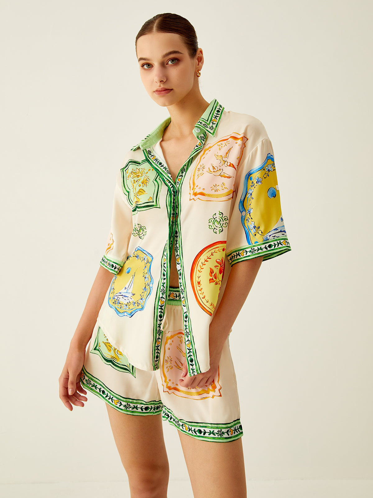 Loosen Printed Satin Shorts Set-Chicvia