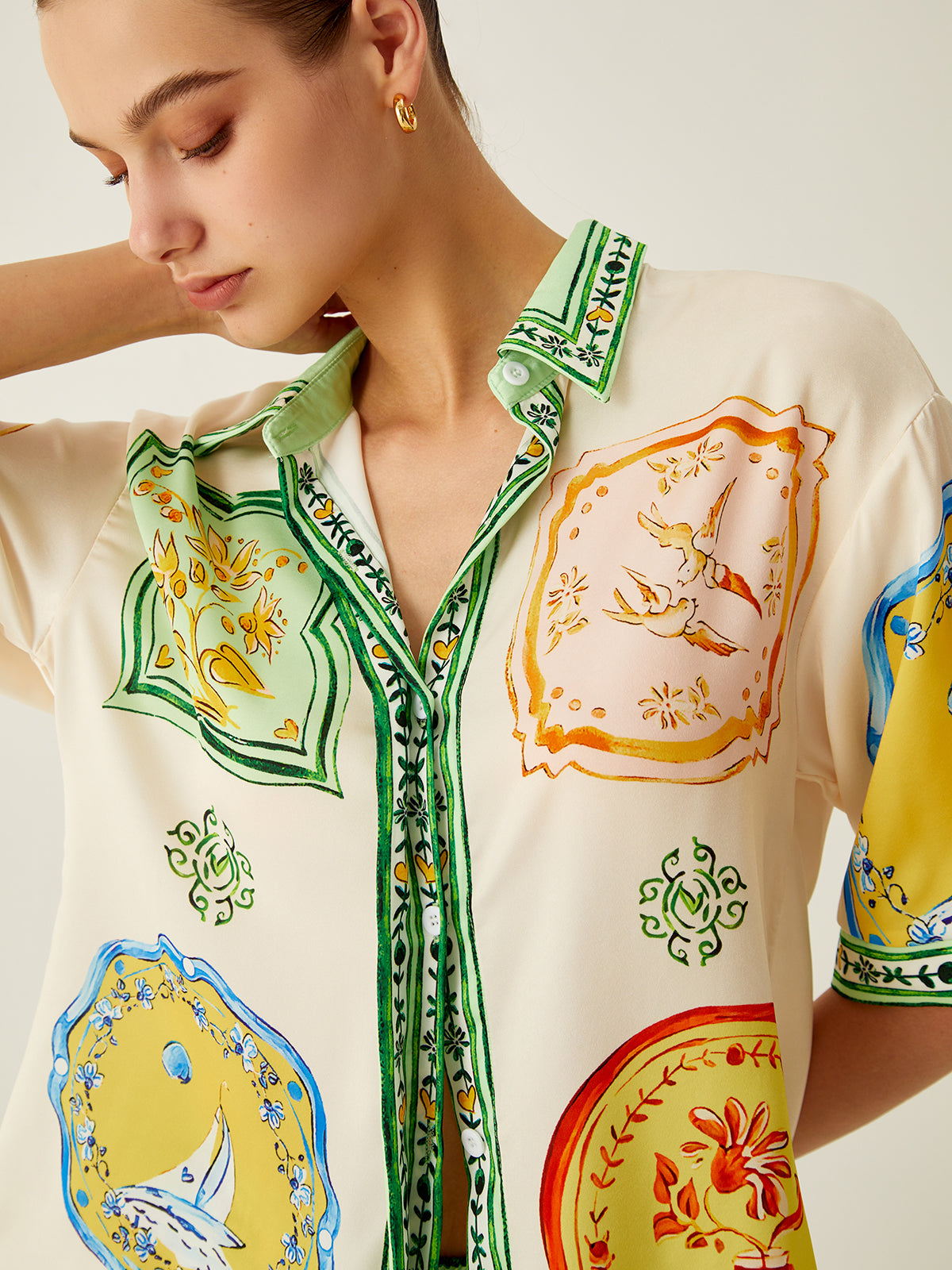 Loosen Printed Satin Shorts Set-Chicvia