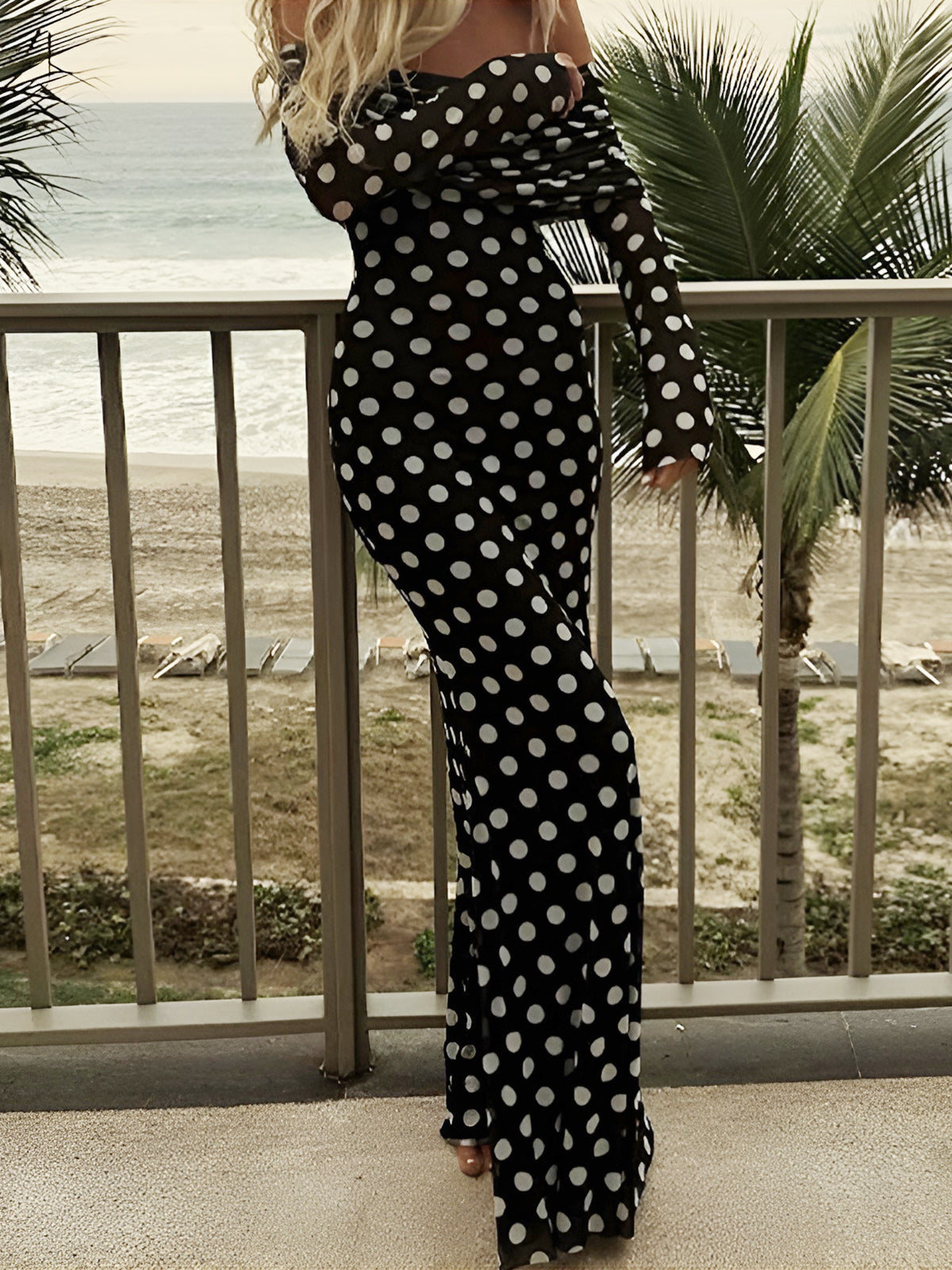 Long Sleeve Off-Shoulder Polka Dot Print Long Dress-Chicvia
