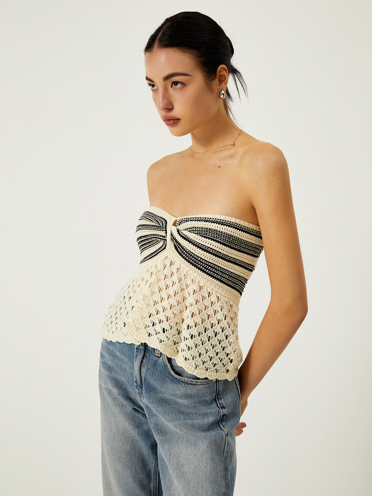 Off-Shoulder Crochet Knit Top-Chicvia