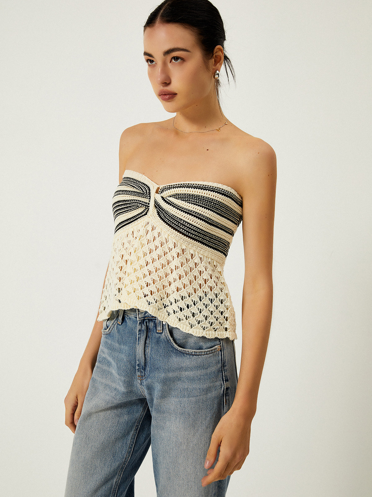 Off-Shoulder Crochet Knit Top-Chicvia