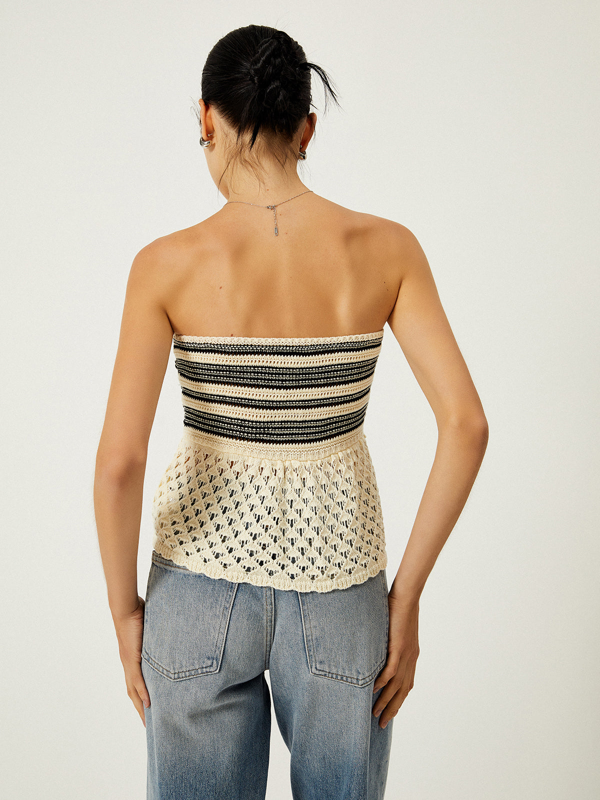 Off-Shoulder Crochet Knit Top-Chicvia