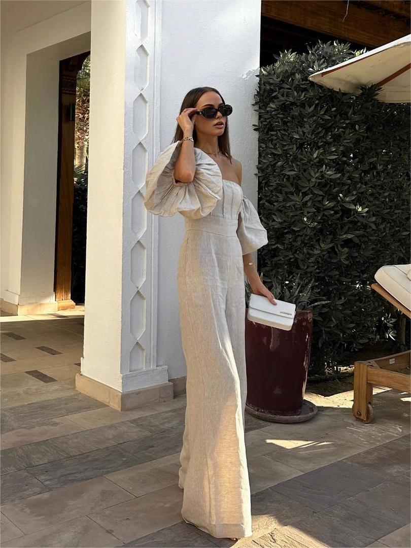 Linen Blends Puff Sleeve Jumpsuit-Chicvia