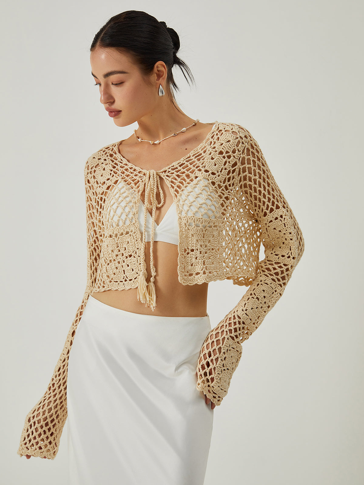 Hollow Knotted Knit Outerwear-Chicvia