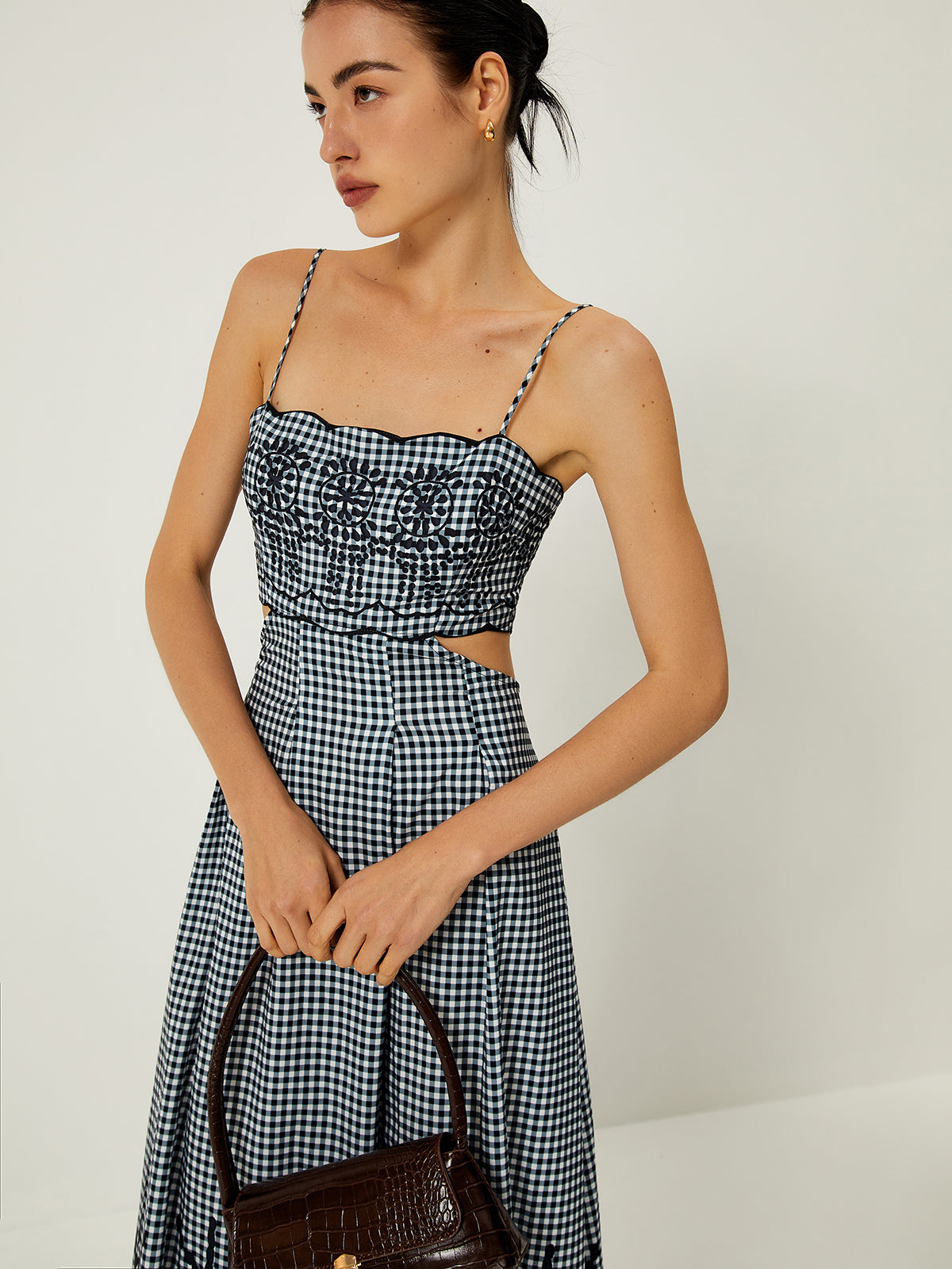 Plaid Print Embroidered Cutout Cami Long Dress-Chicvia