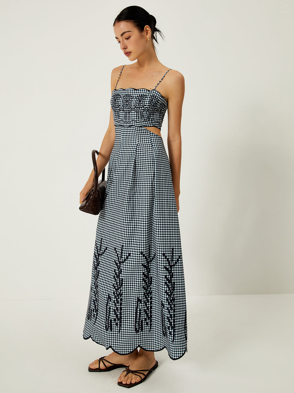 Plaid Print Embroidered Cutout Cami Long Dress-Chicvia