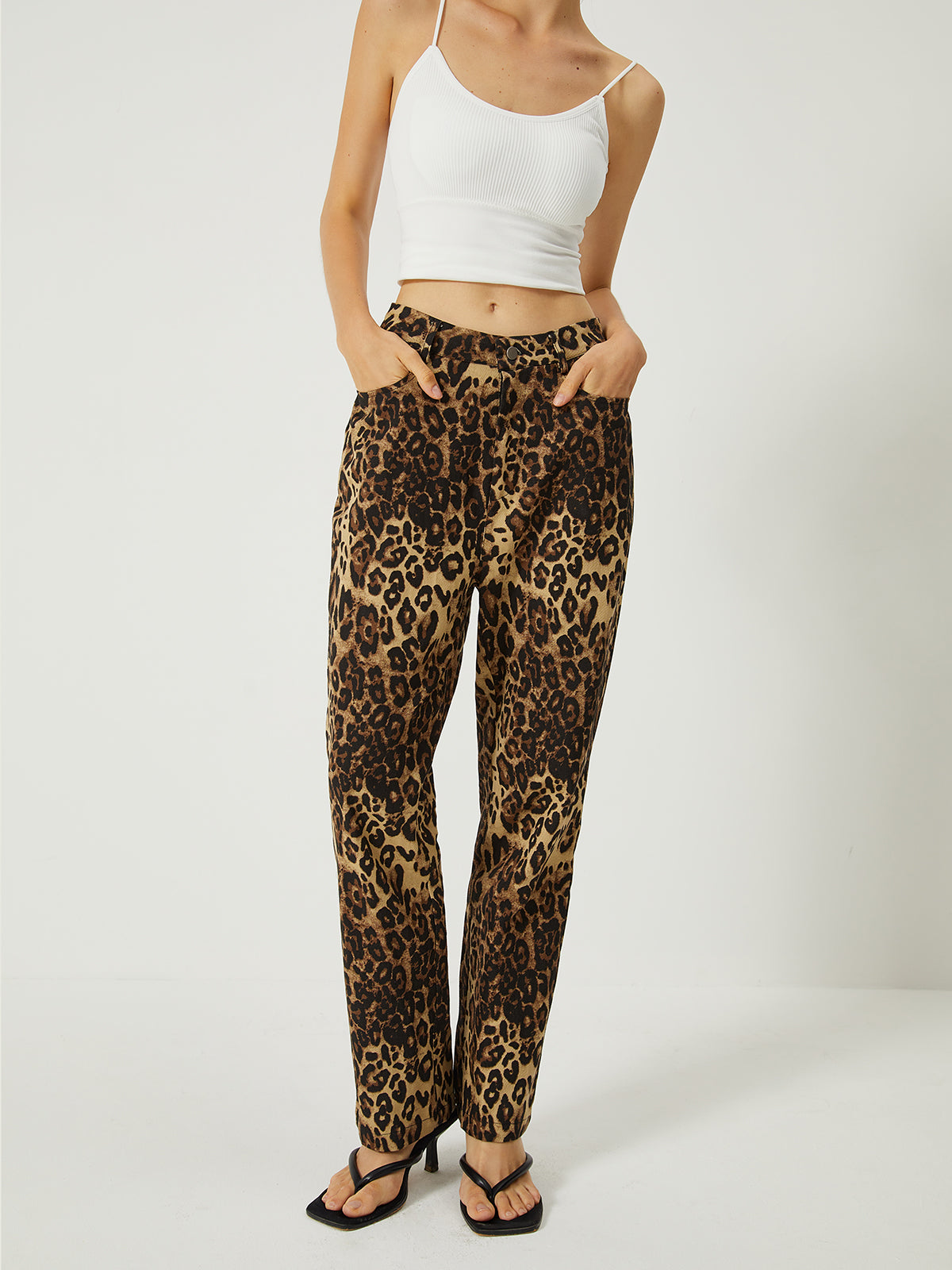 Leopard Print Straight Leg Pants-Chicvia