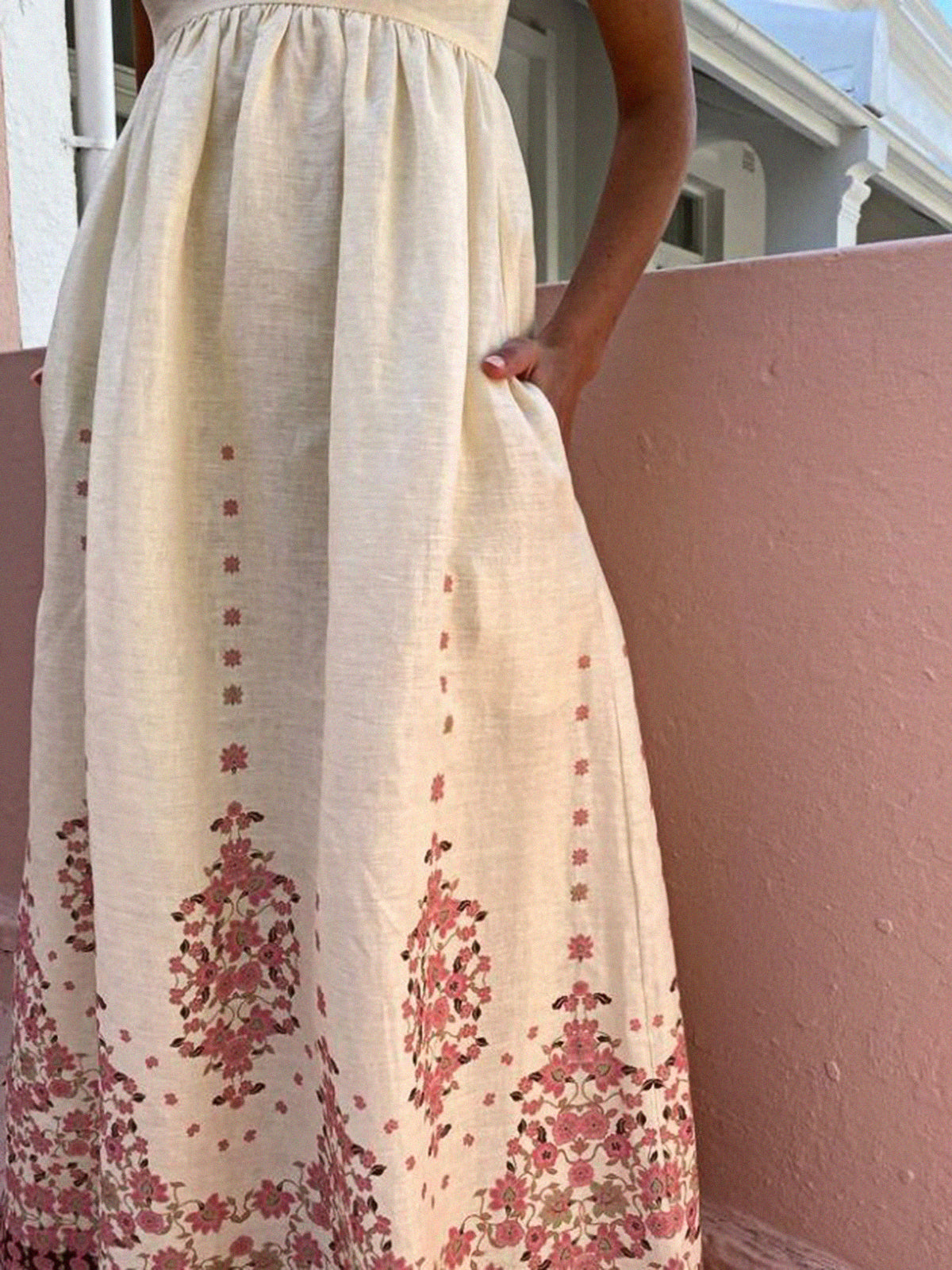 Floral Print Spaghetti Strap Long Dress-Chicvia