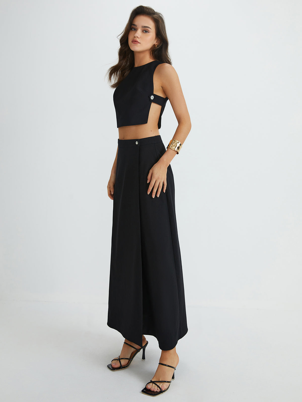 Plain Button Detail Top With Split Maxi Skirt Set-Chicvia