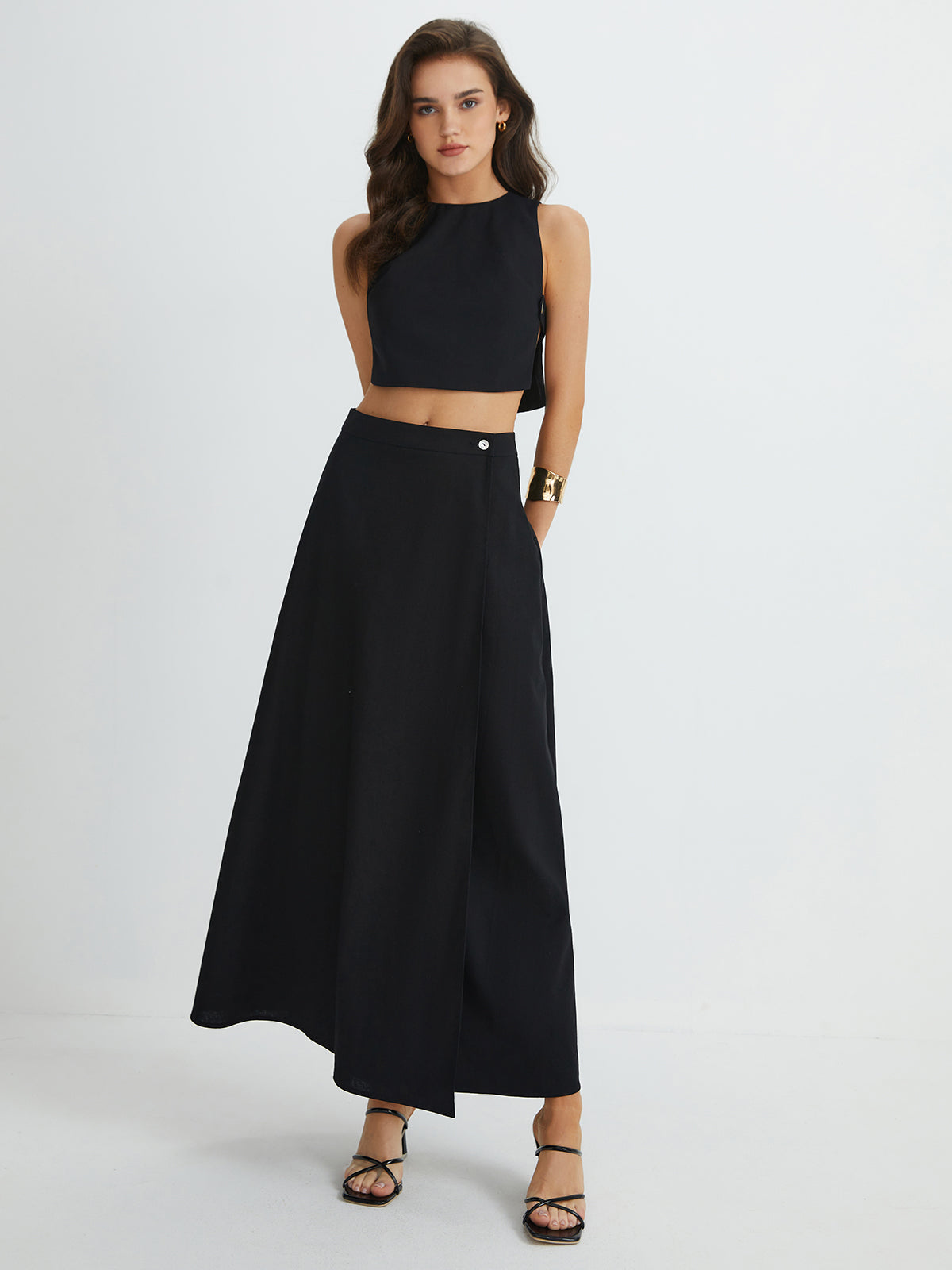Plain Button Detail Top With Split Maxi Skirt Set-Chicvia