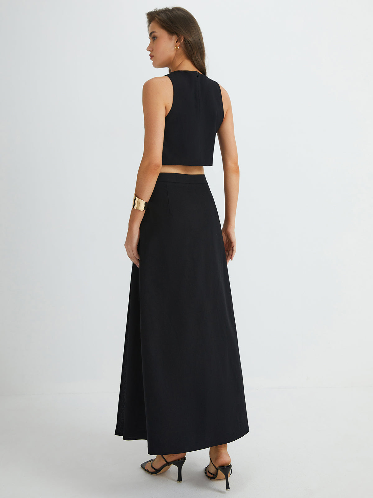 Plain Button Detail Top With Split Maxi Skirt Set-Chicvia