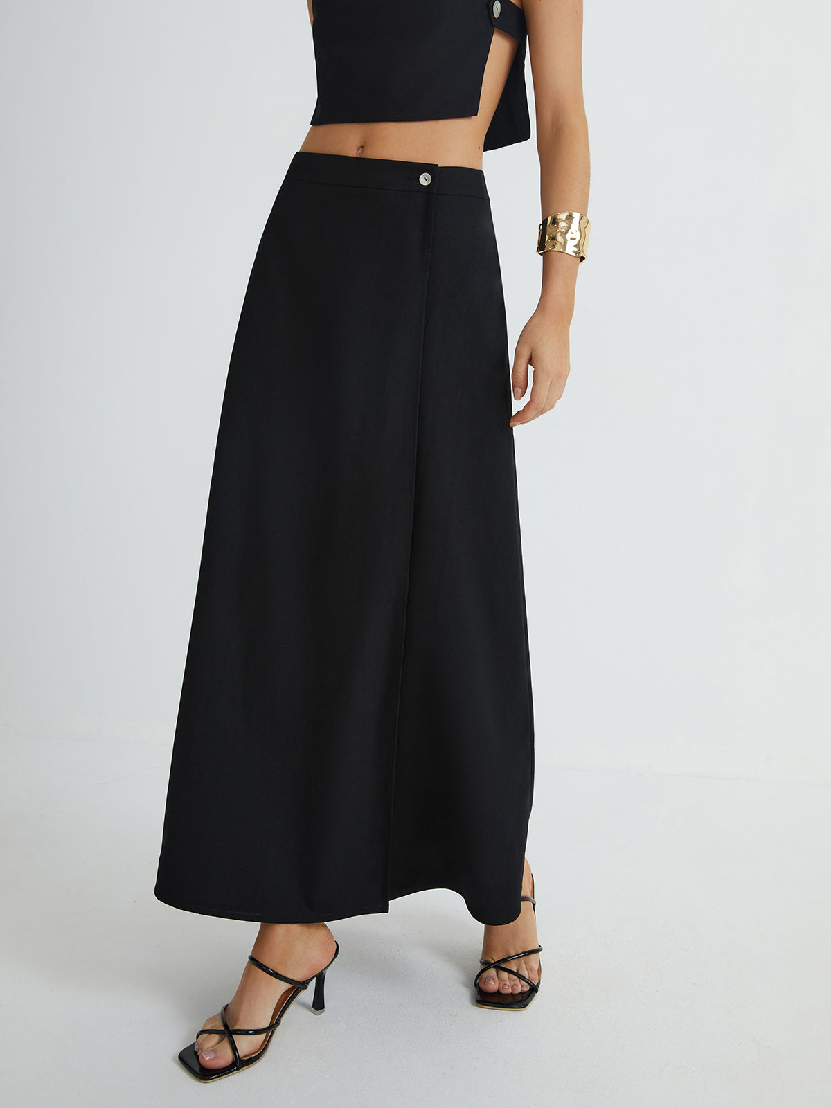 Plain Button Detail Top With Split Maxi Skirt Set-Chicvia