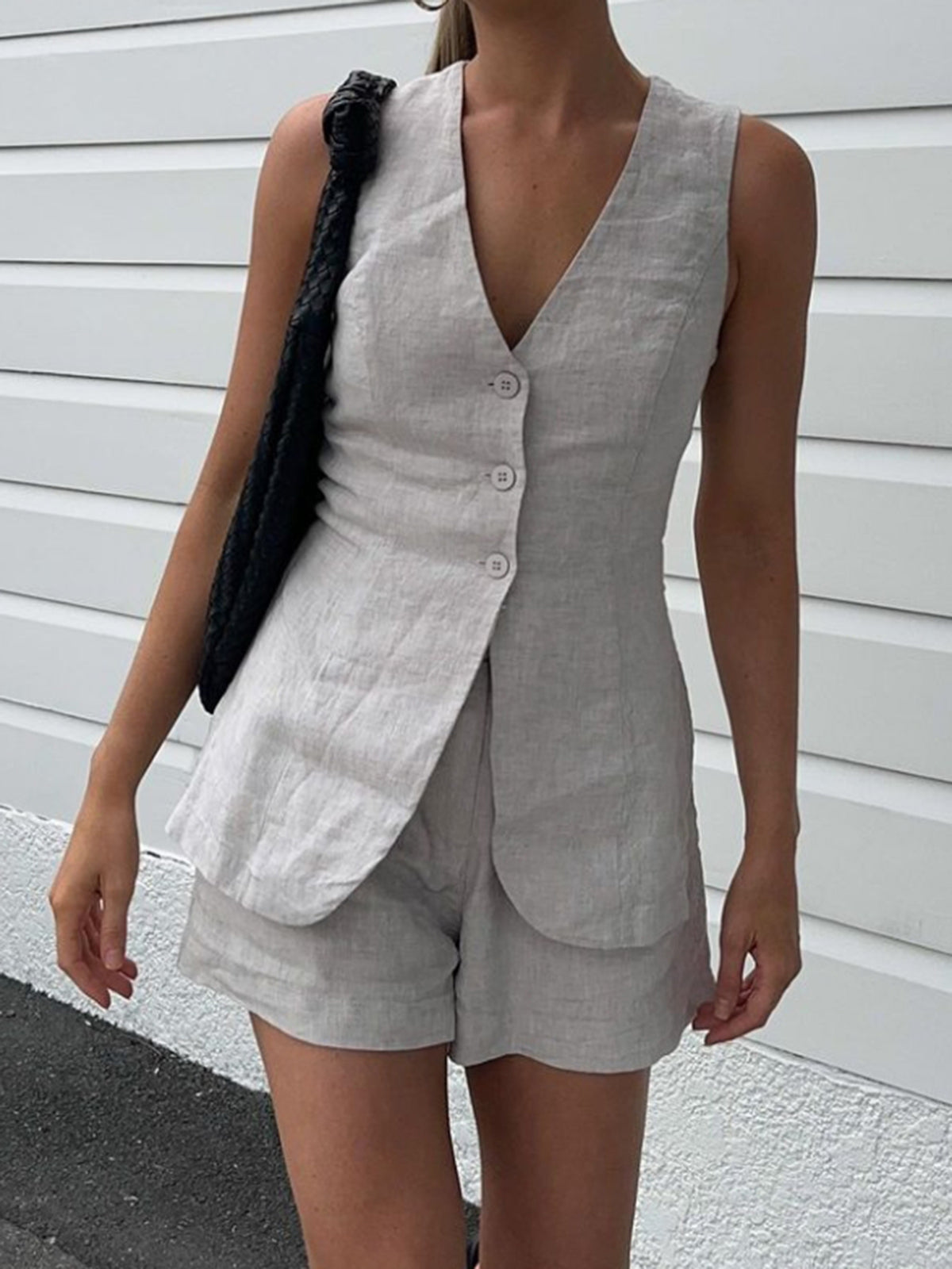 Drawstring Split Casual Shorts Set-Chicvia