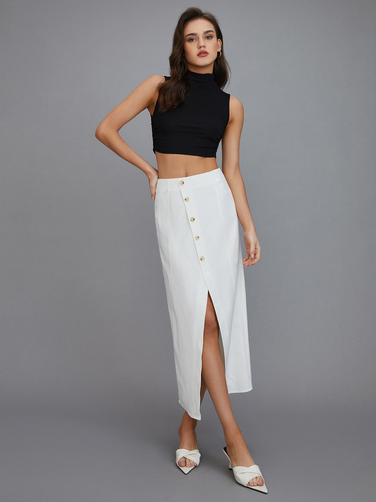 Multi-Button Split Middle Waist Maxi Skirt-Chicvia