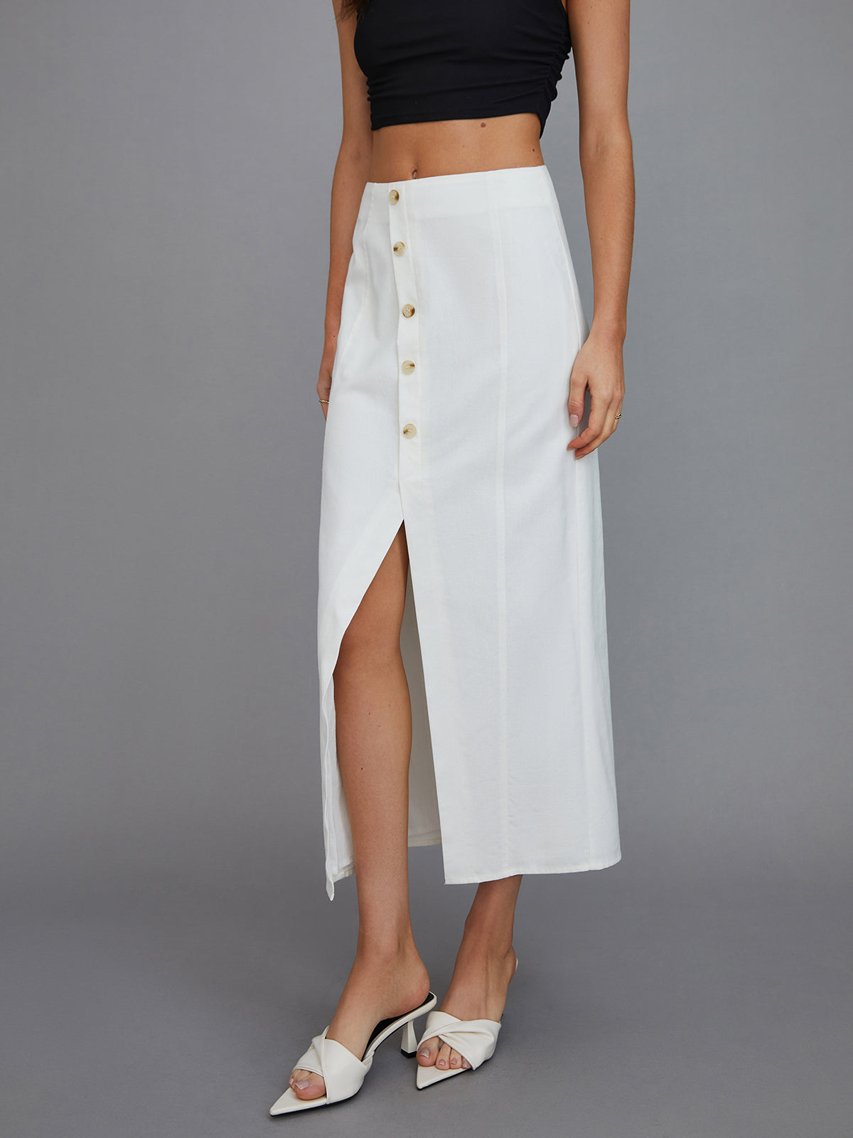 Multi-Button Split Middle Waist Maxi Skirt-Chicvia