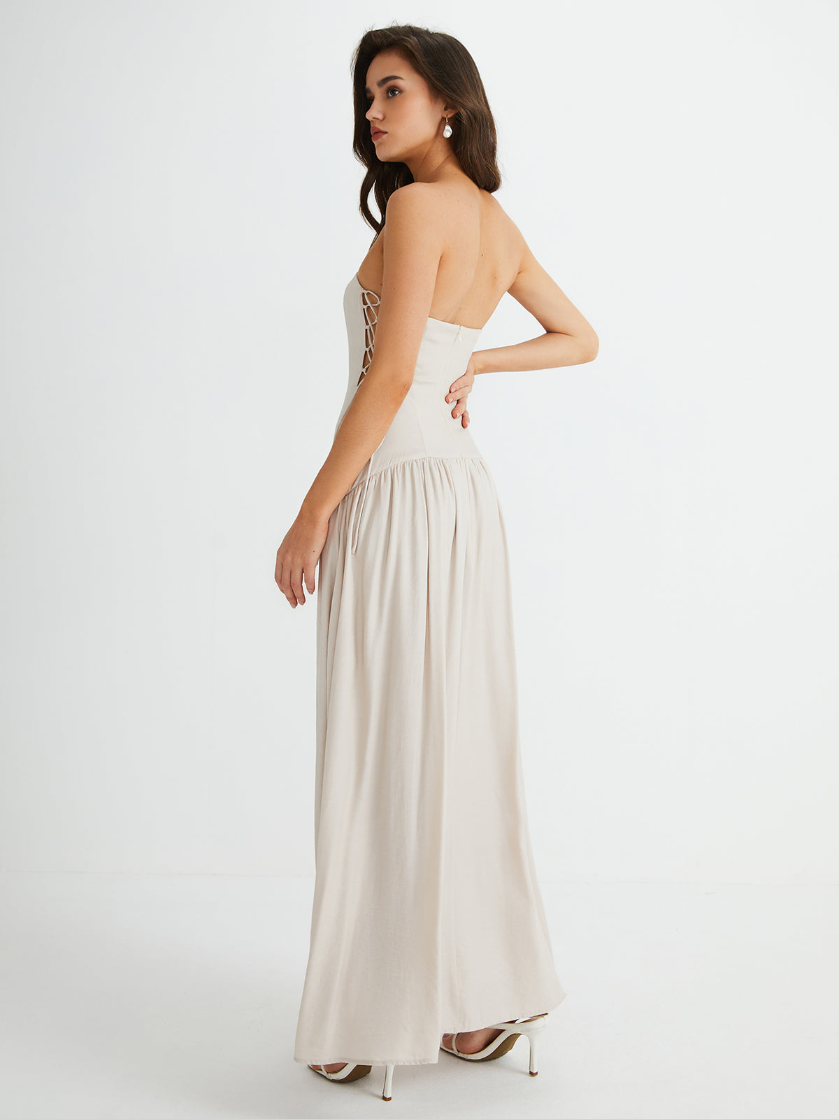 Pleated Drawstring Pockets Long Dress-Chicvia