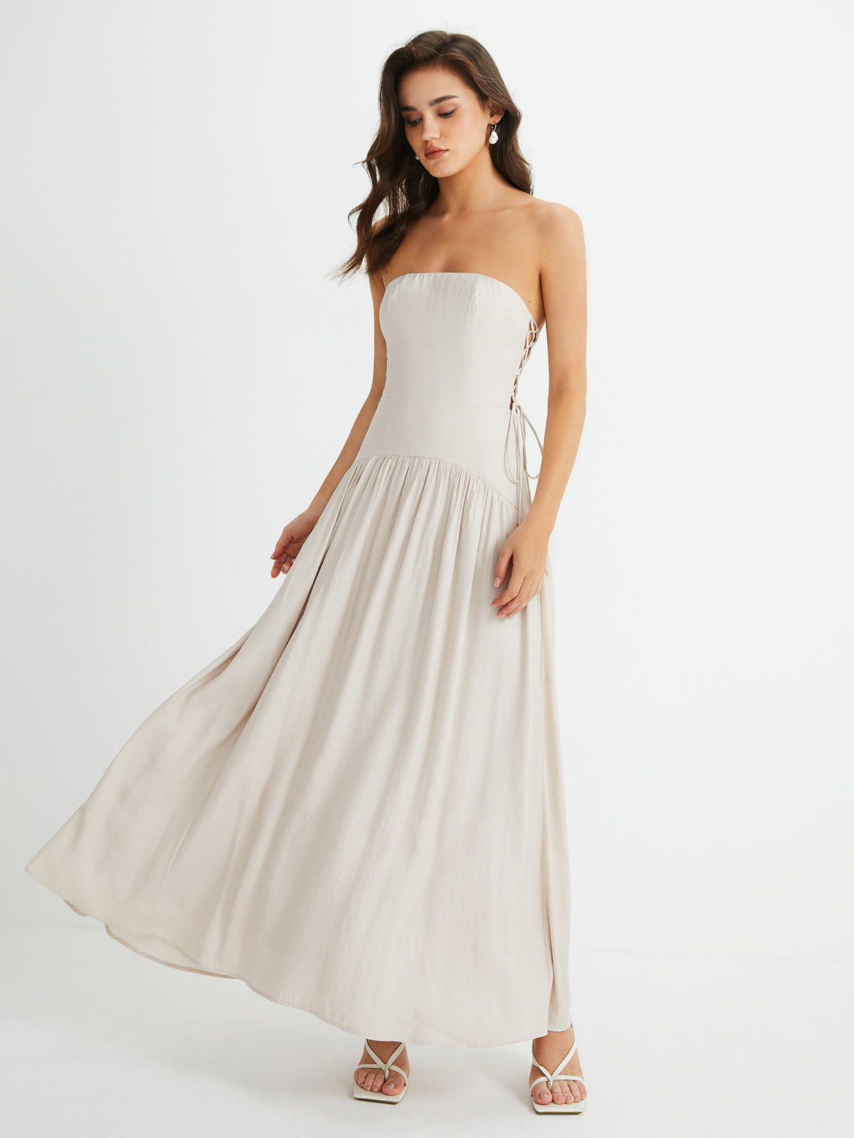 Pleated Drawstring Pockets Long Dress-Chicvia