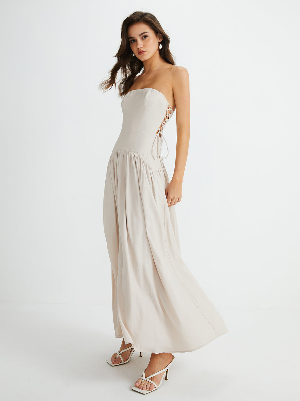 Pleated Drawstring Pockets Long Dress-Chicvia