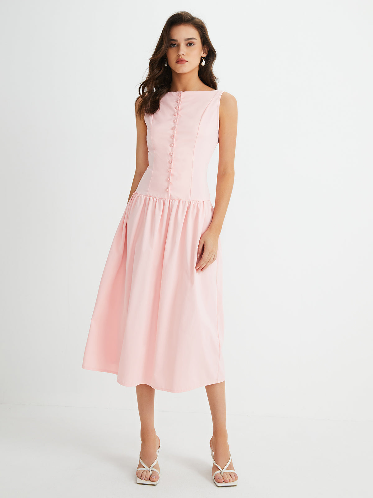 Multi-Button Sleeveless Pleated Midi Dress-Chicvia