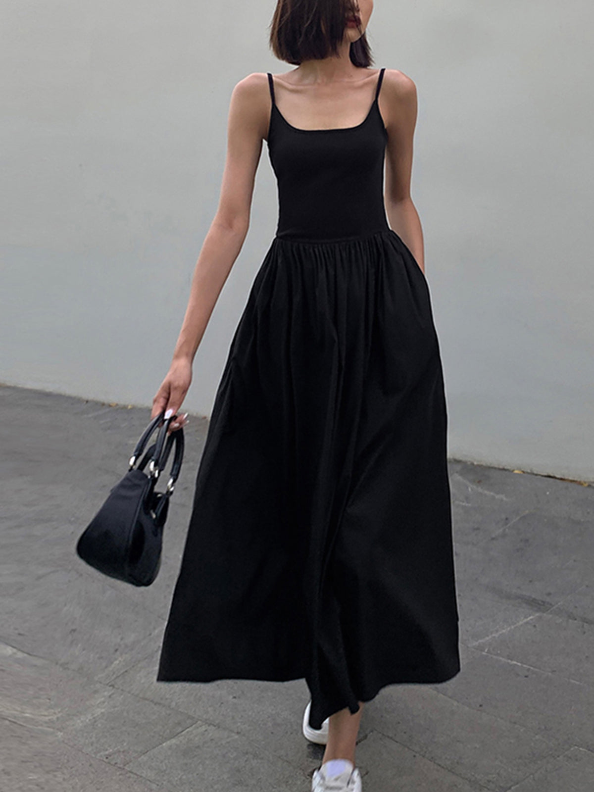 Patchwork Pockets Cotton Cami Midi Dress-Chicvia