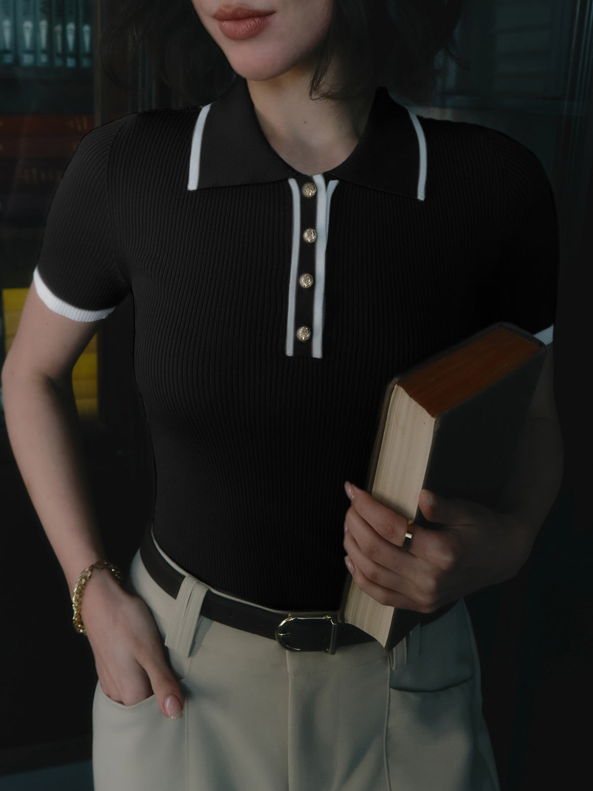 Contrast Trim Metal Button Knit Top-Chicvia