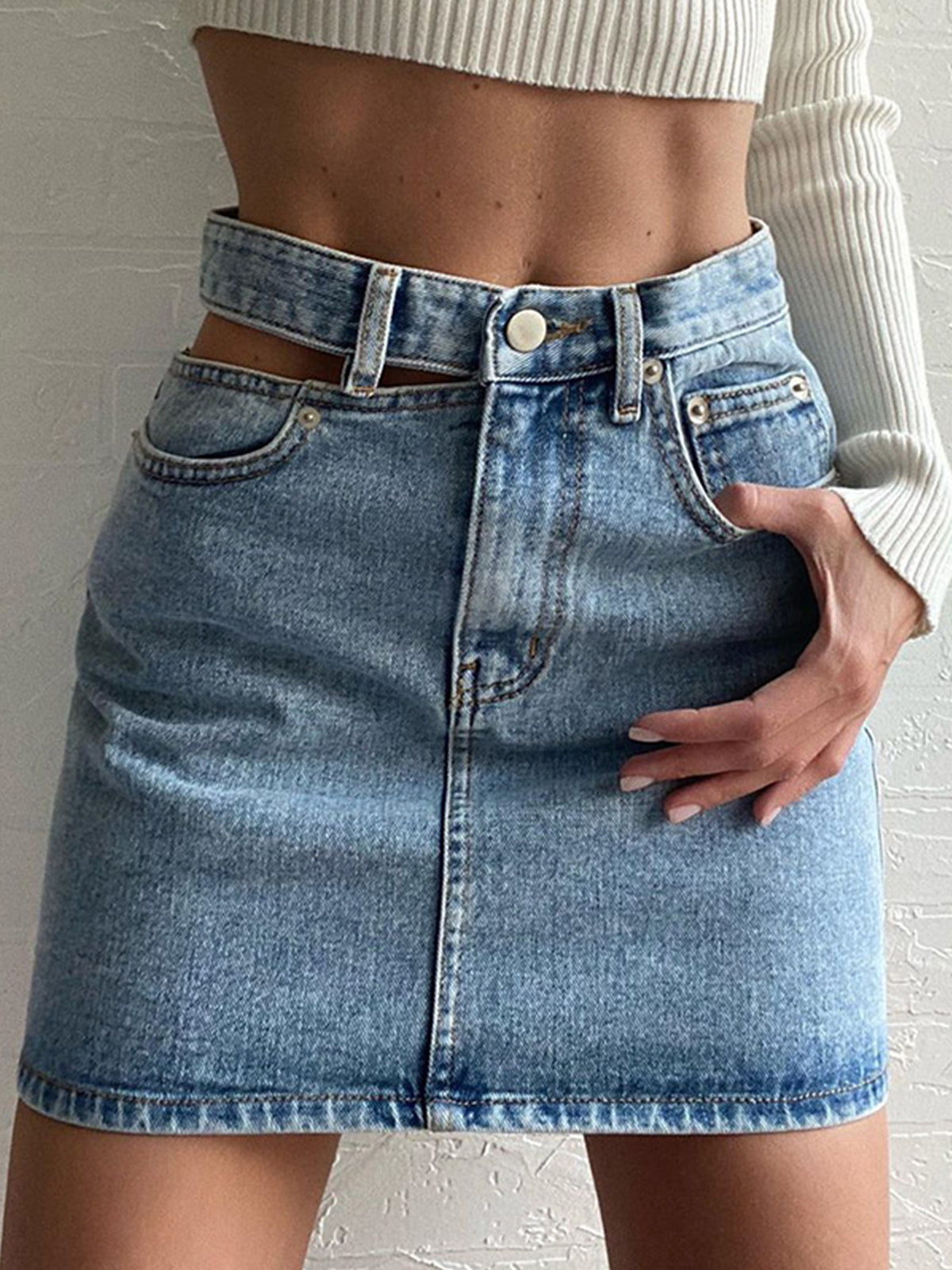 Denim High Waist Cut Out Short Skirt-Chicvia