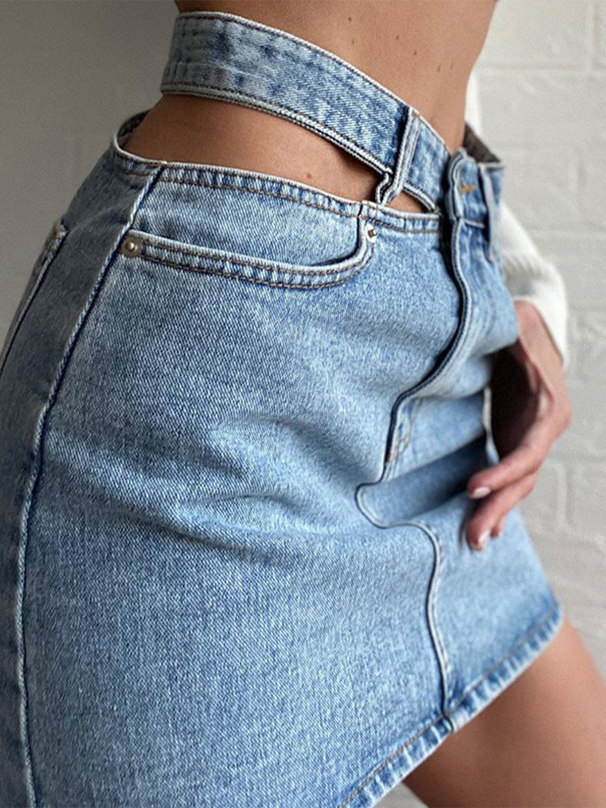Denim High Waist Cut Out Short Skirt-Chicvia