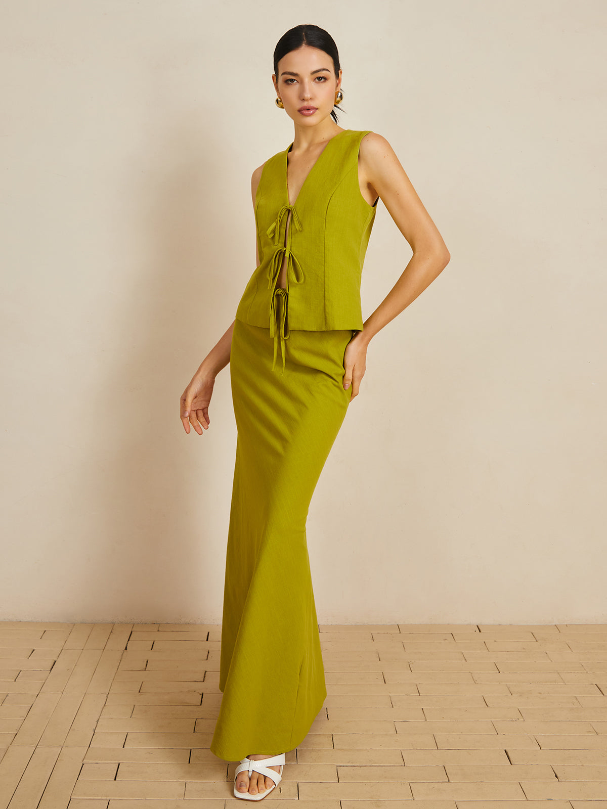 Cotton V-Neck Tie Front Skirt Set-Chicvia