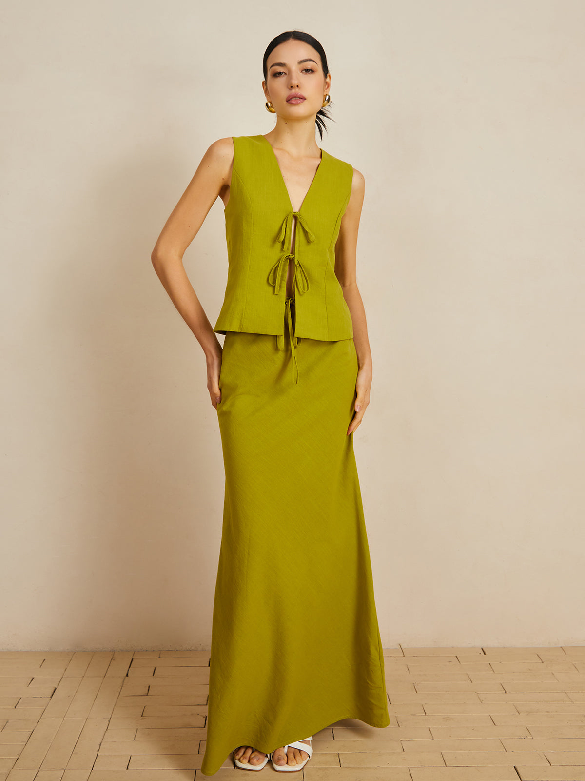 Cotton V-Neck Tie Front Skirt Set-Chicvia