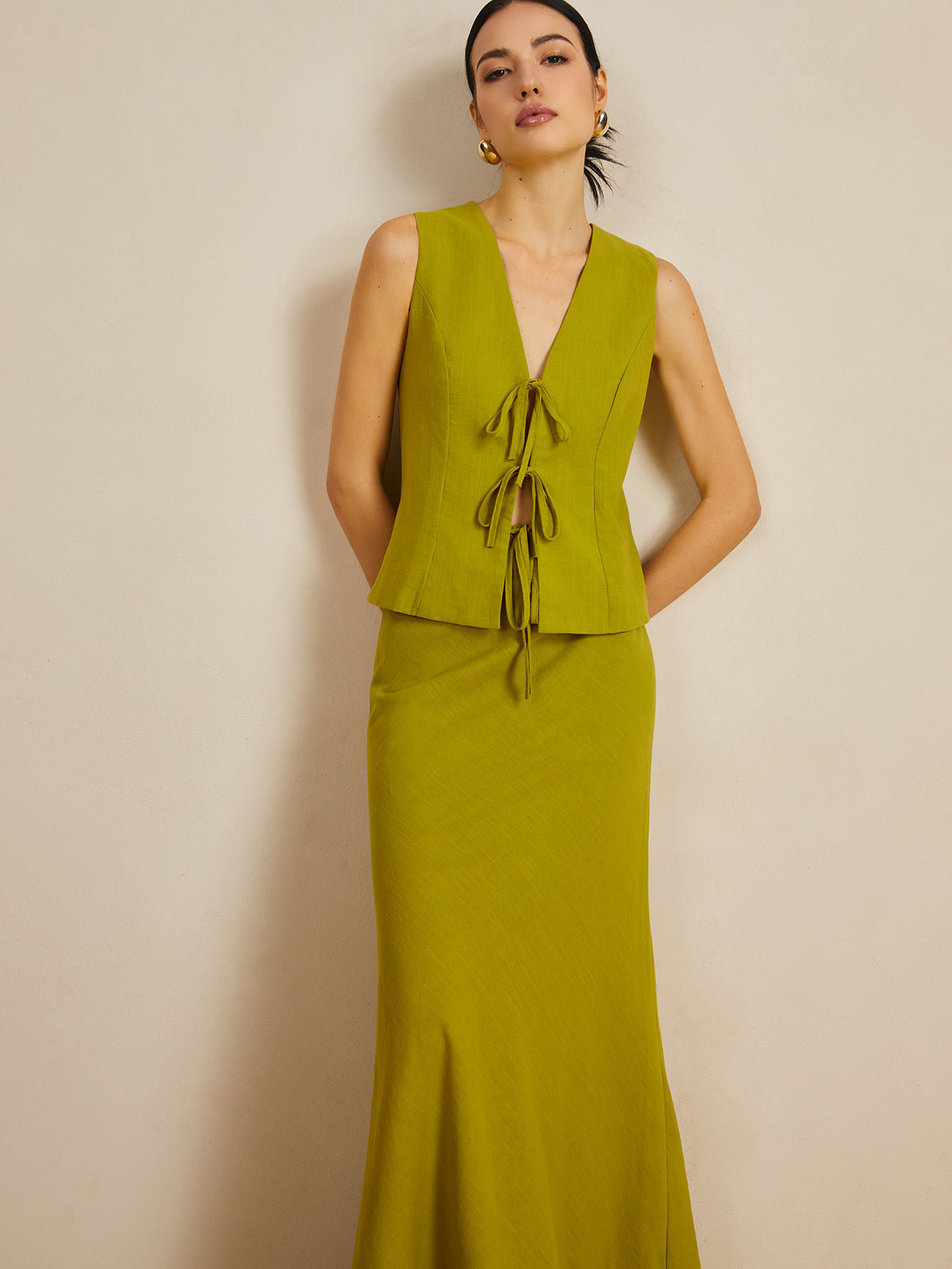 Cotton V-Neck Tie Front Skirt Set-Chicvia