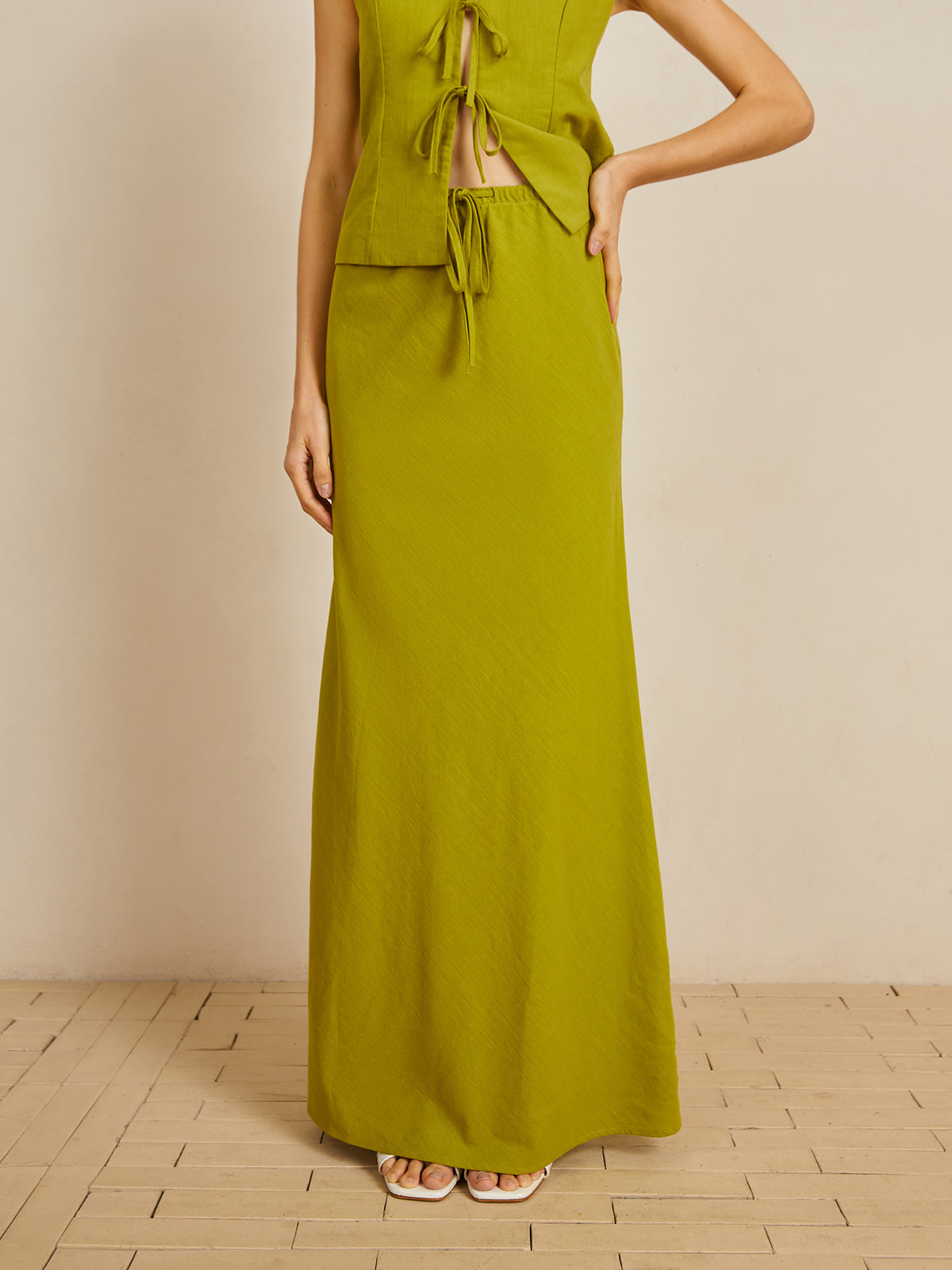 Cotton V-Neck Tie Front Skirt Set-Chicvia