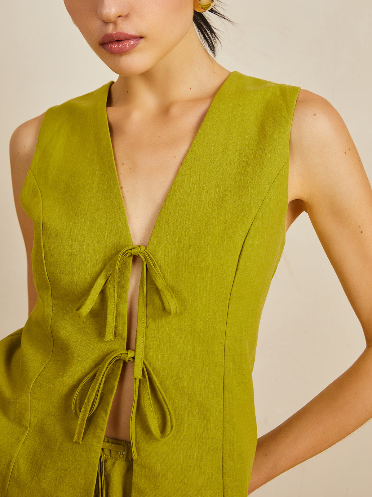 Cotton V-Neck Tie Front Skirt Set-Chicvia