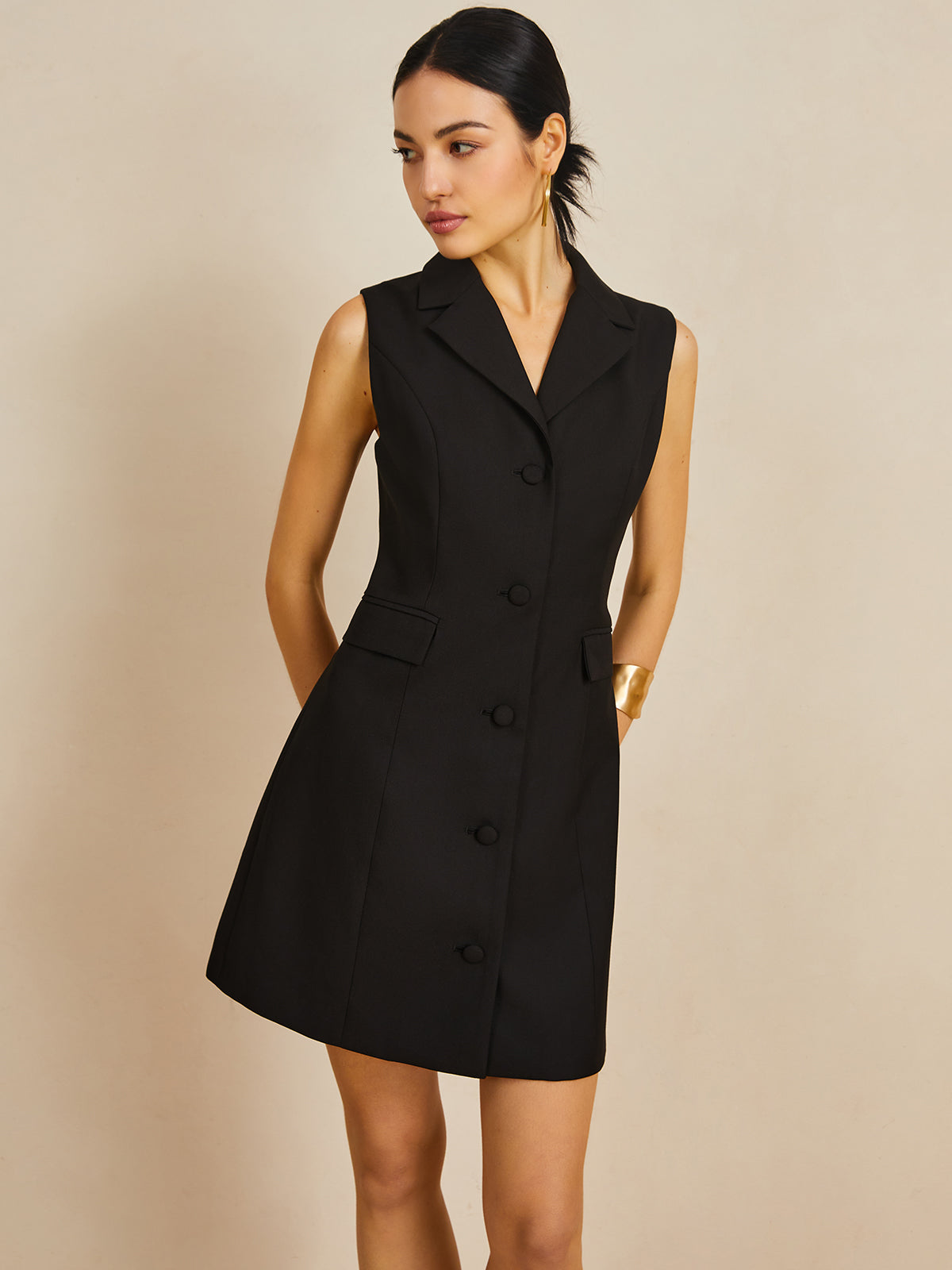 Muti-Button Collared Short Dress-Chicvia