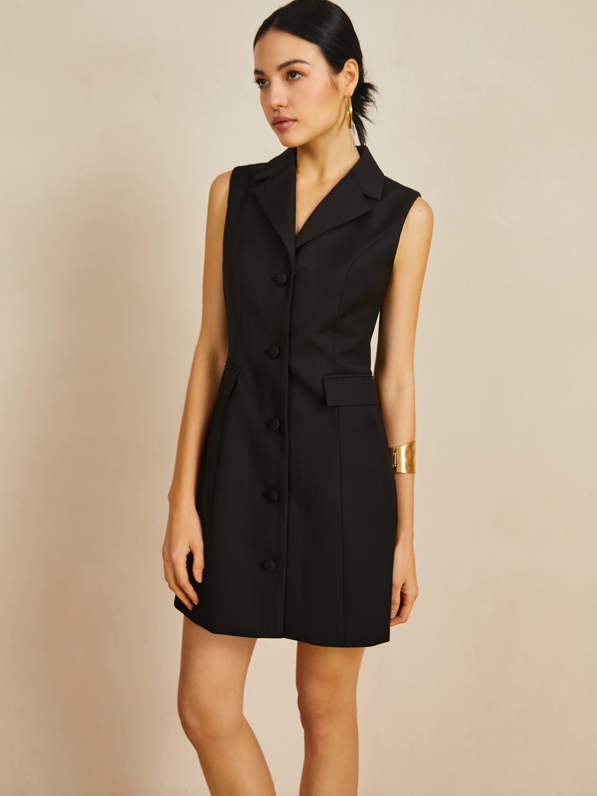 Muti-Button Collared Short Dress-Chicvia