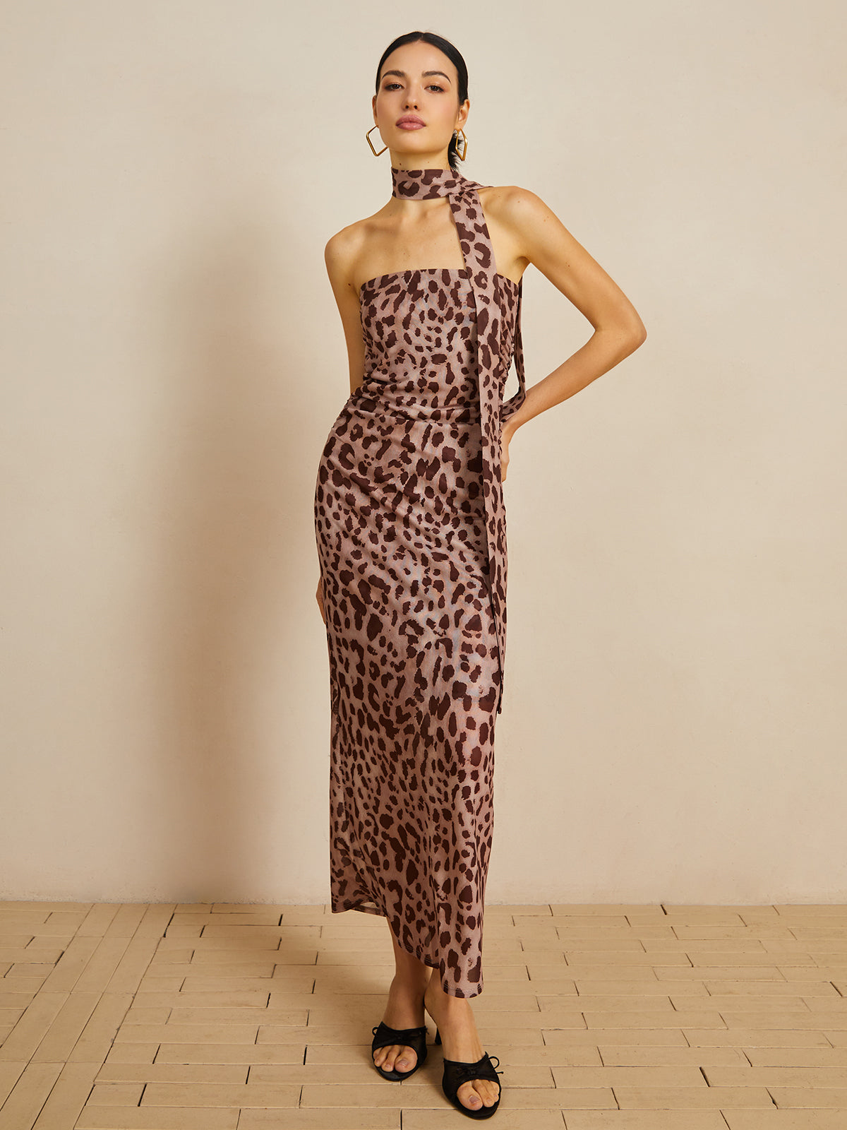Leopard Print Mesh Halter Midi Dress-Chicvia