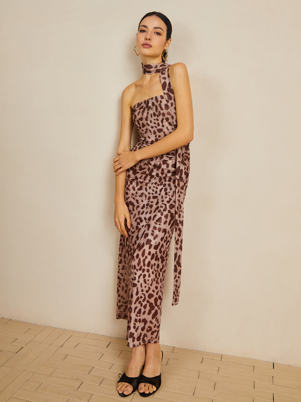 Leopard Print Mesh Halter Midi Dress-Chicvia