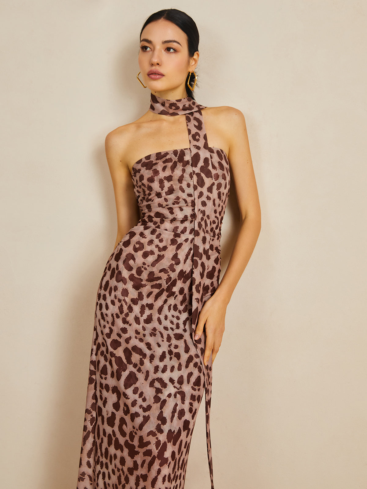 Leopard Print Mesh Halter Midi Dress-Chicvia
