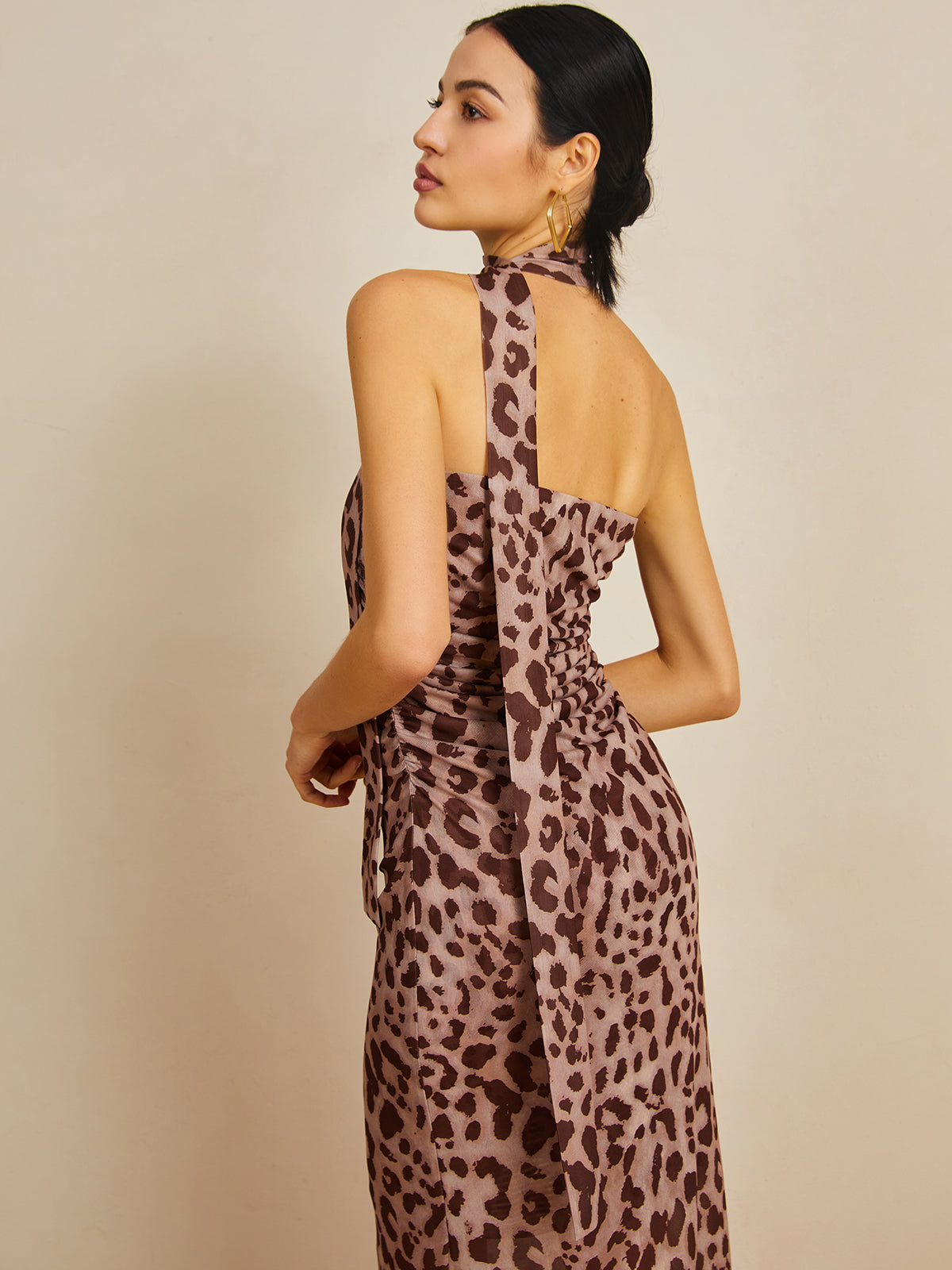 Leopard Print Mesh Halter Midi Dress-Chicvia