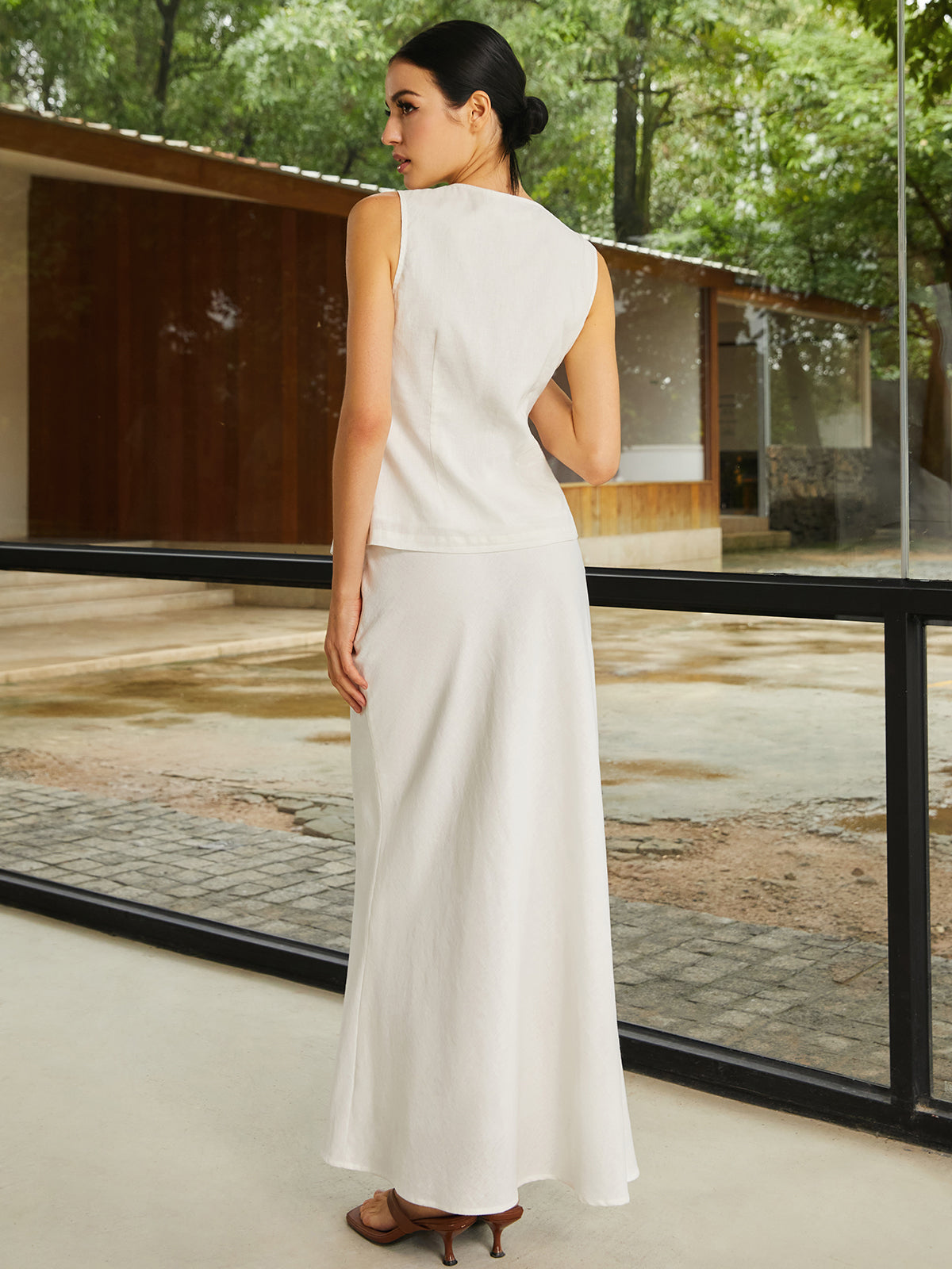 Cotton & Linen Plain Sleeveless Skirt Set-Chicvia