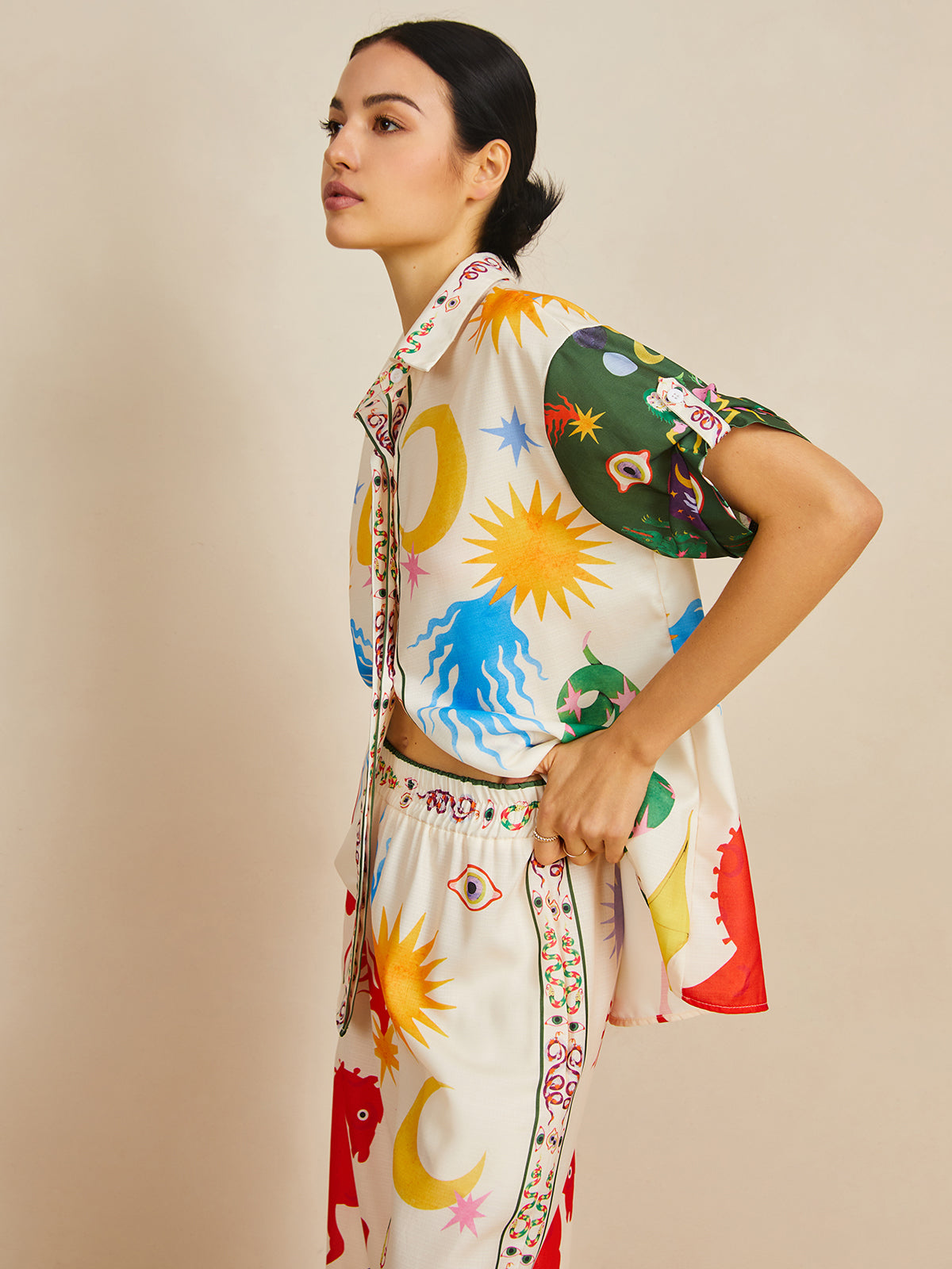 Casual Shift Linen Blend Style Print Pants Set-Chicvia