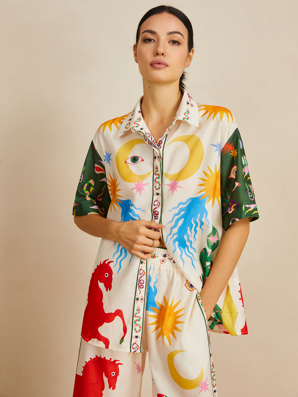 Casual Shift Linen Blend Style Print Pants Set-Chicvia