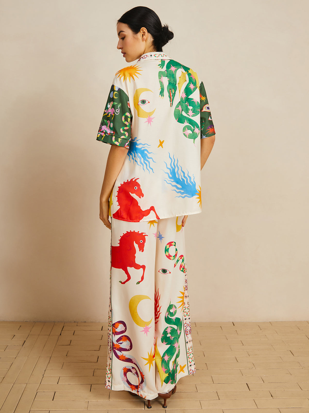 Casual Shift Linen Blend Style Print Pants Set-Chicvia