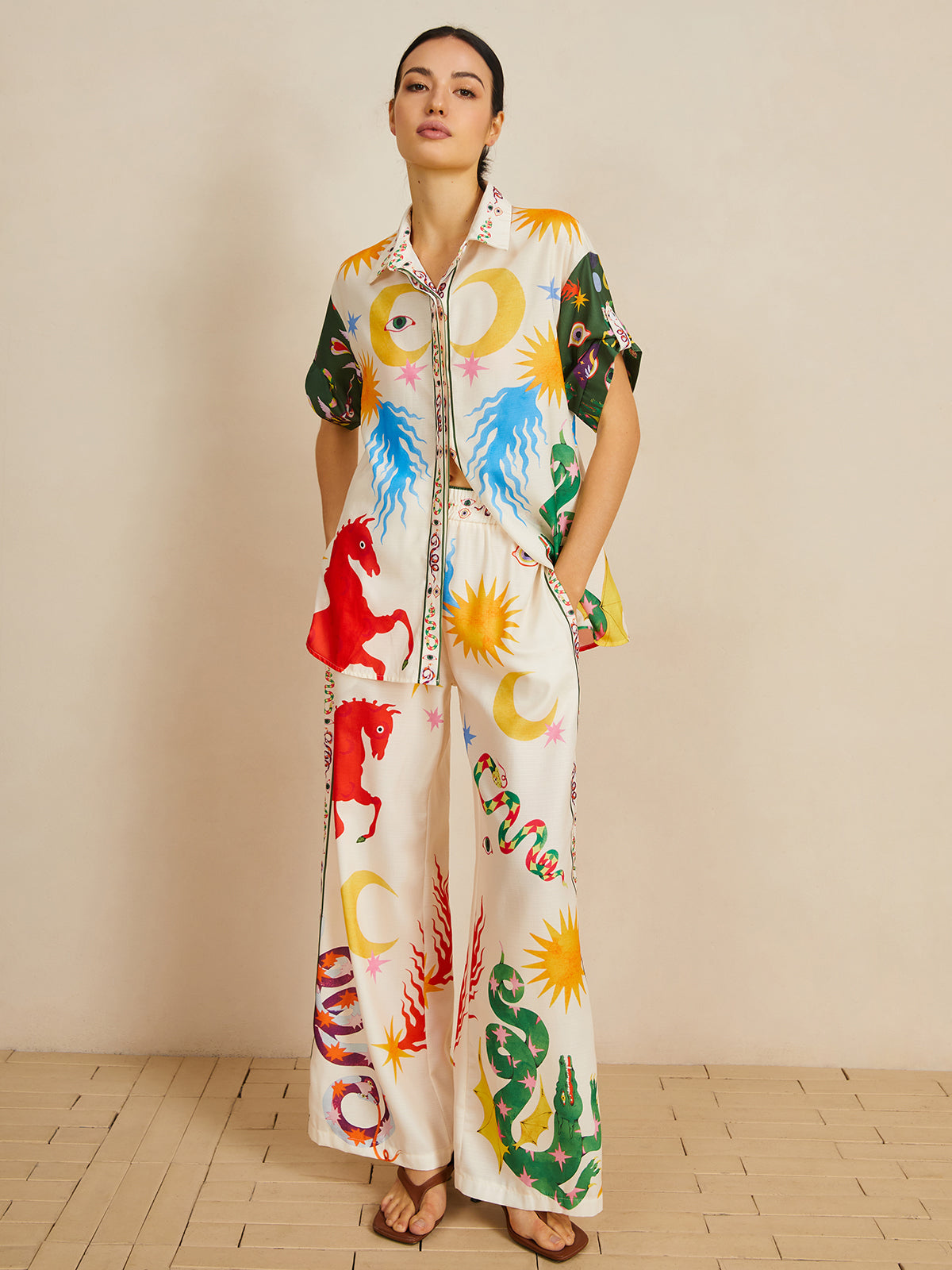 Casual Shift Linen Blend Style Print Pants Set-Chicvia