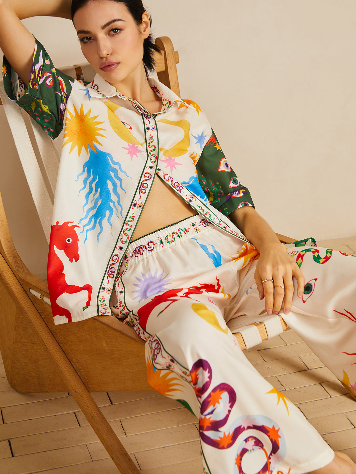 Casual Shift Linen Blend Style Print Pants Set-Chicvia